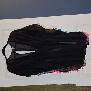 Bongo Swim Suit Cover Up Black Colorful Pom Pom Border Large